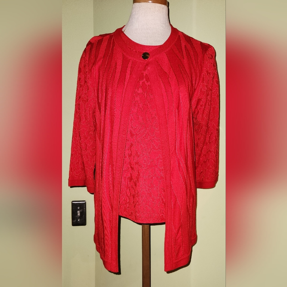 St.John 2 pc sweater set sz S excellent condition red animal print texture